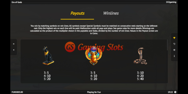 Era of Gods slot pay table by 1X2 Gaming