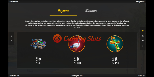 Era of Gods slot pay table by 1X2 Gaming