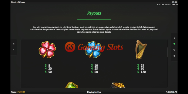 Fields of Clover slot pay table by 1X2 Gaming