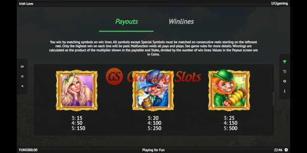 Irish Love slot pay table by 1X2 Gaming