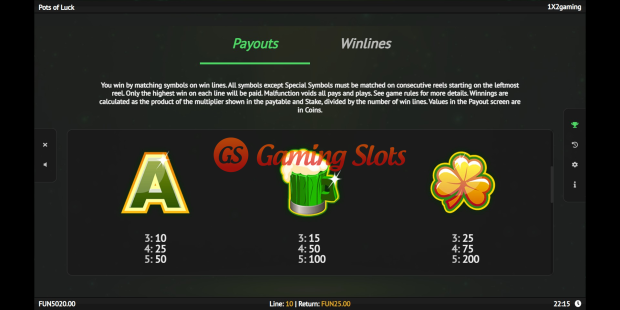 Pots of Luck slot pay table by 1X2 Gaming