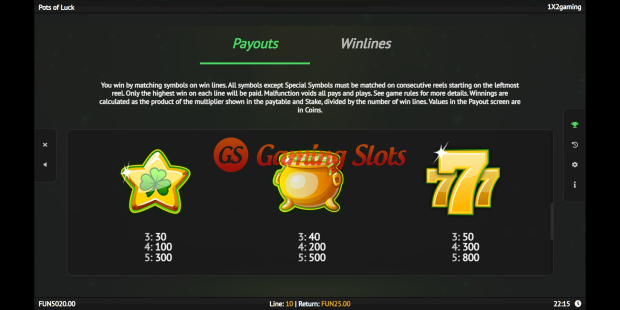 Pots of Luck slot pay table by 1X2 Gaming