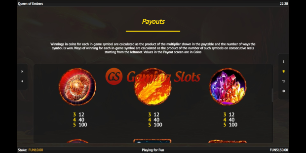 Queen of Embers slot pay table by 1X2 Gaming