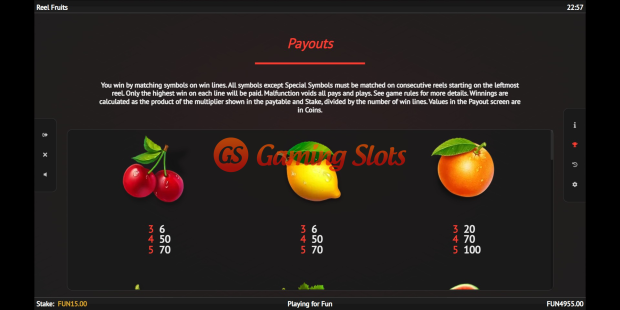 Reel Fruits slot pay table by 1X2 Gaming