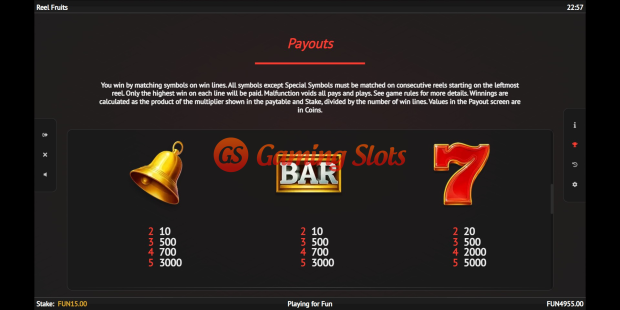 Reel Fruits slot pay table by 1X2 Gaming