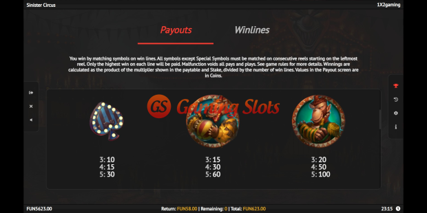 Sinister Circus slot pay table by 1X2 Gaming