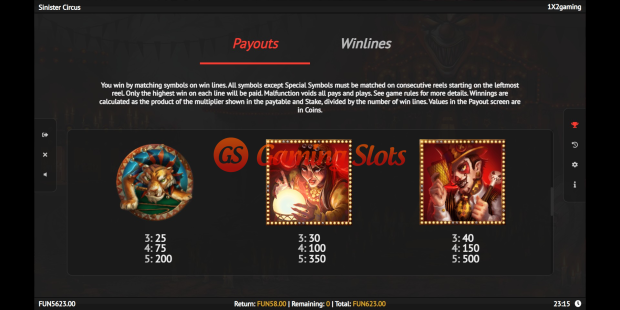 Sinister Circus slot pay table by 1X2 Gaming