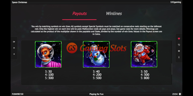 Space Christmas slot pay table by 1X2 Gaming