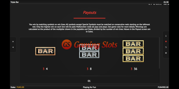 Triple Bar slot pay table by 1X2 Gaming