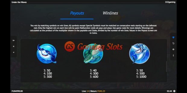 Under the Waves slot pay table by 1X2 Gaming