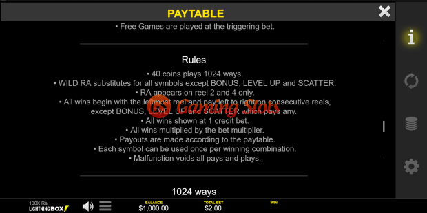 Game Rules for 100x Ra slot from Lightning Box Games