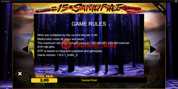 Game Rules for 15 samurai slot from BluePrint Gaming