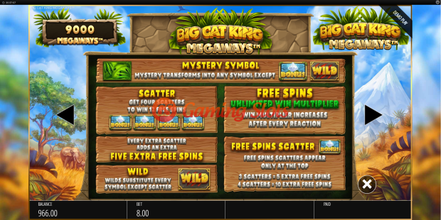 Pay Table for Big Cat King Megaways slot from BluePrint Gaming