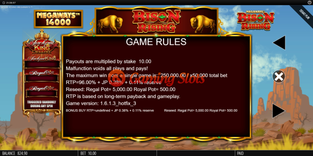 Game Rules for Bison Rising Megaways Jackpot King slot from BluePrint Gaming