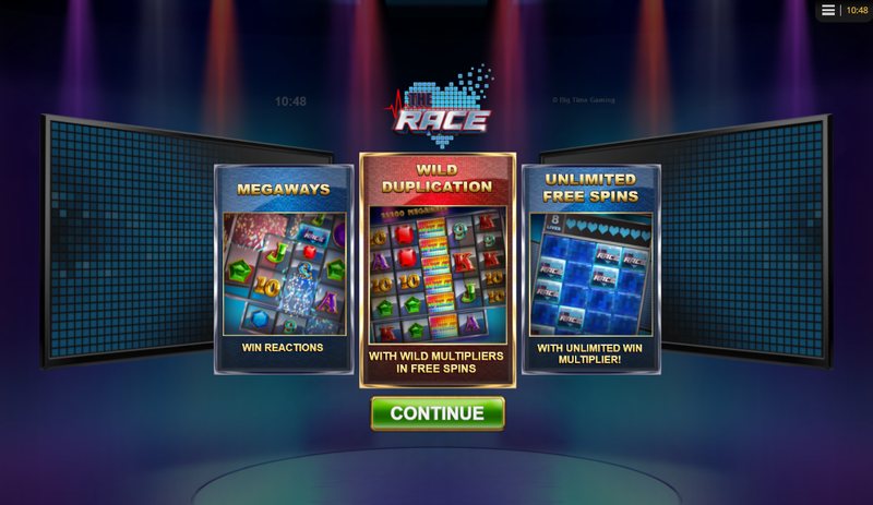 The Race Megaways slot introduction screen from BTG