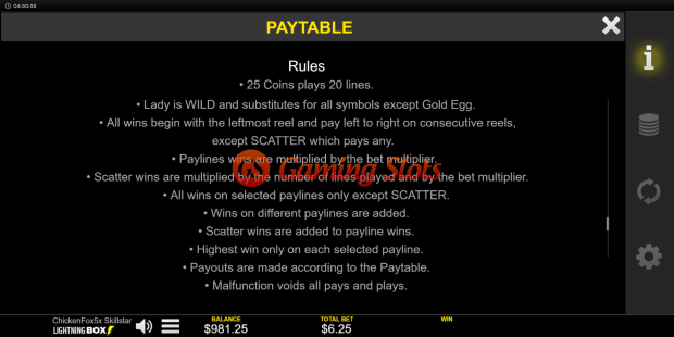 Game Rules for Chicken Fox 5x Skillstar slot from Lightning Box Games
