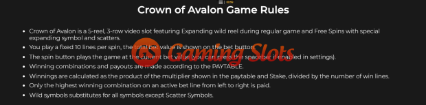 Game Rules for Crown of Avalon slot from Iron Dog Studio
