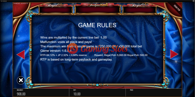 Game Rules for Diamond Jackpots slot from BluePrint Gaming