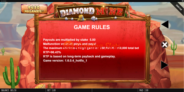 Game Rules for Diamond Mine slot from BluePrint Gaming