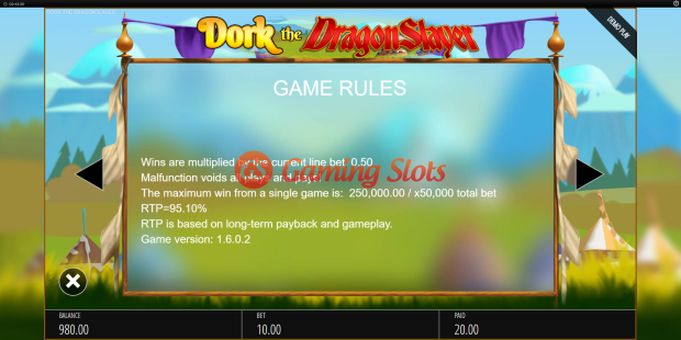 Game Rules for Dork The Dragon Slayer slot from BluePrint Gaming