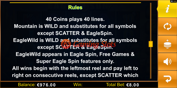 Game Rules for Eagle Sun slot from Lightning Box Games