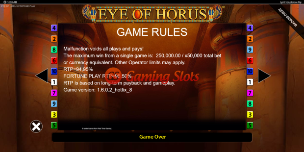 Game Rules for Eye of Horus Fortune Play slot from BluePrint Gaming