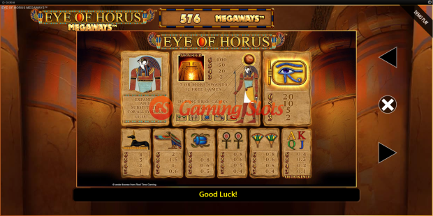 Pay Table for Eye Of Horus Megaways slot from BluePrint Gaming