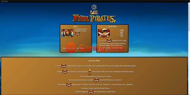 Pay Table for Five Pirates slot from Lightning Box Games