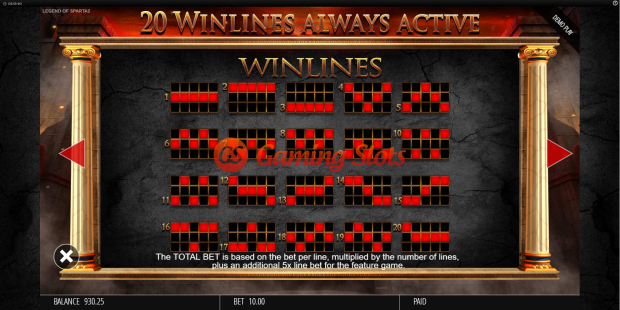 Pay Table for Fortunes of Sparta slot from BluePrint Gaming
