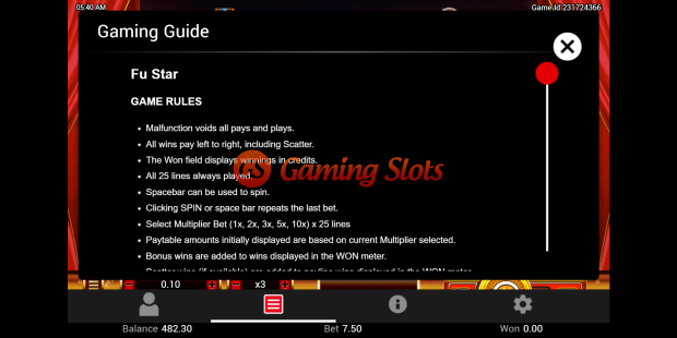Game Rules for Fu Star slot from Lightning Box Games