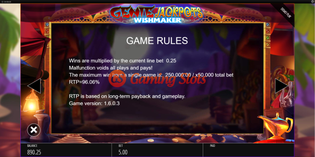 Game Rules for Genie Jackpots Wishmaker slot from BluePrint Gaming