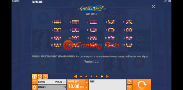 Pay Table and Game Info for Genie's Touch slot from Quickspin