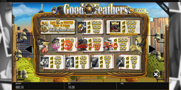 Pay Table for Good Feathers slot from BluePrint Gaming