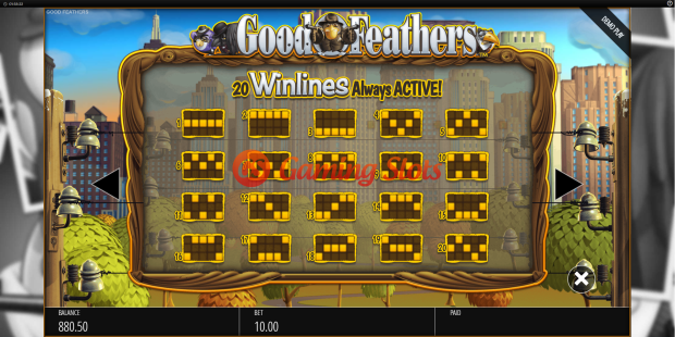 Pay Table for Good Feathers slot from BluePrint Gaming