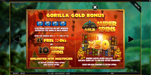 Pay Table for Gorilla Gold Megaways slot from BluePrint Gaming