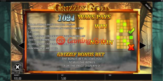Pay Table for Grizzly Gold slot from BluePrint Gaming