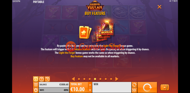 Pay Table and Game Info for Hammer of Vulcan slot from Quickspin