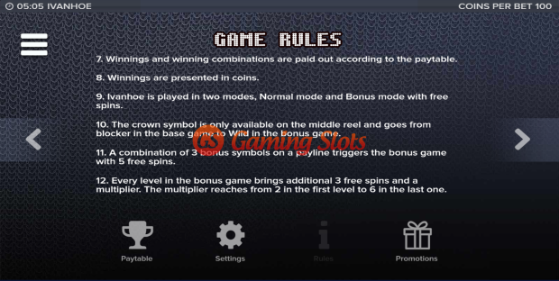 Game Rules for Ivanhoe slot from Elk Studios