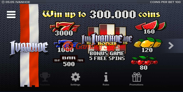 Pay Table for Ivanhoe slot from Elk Studios
