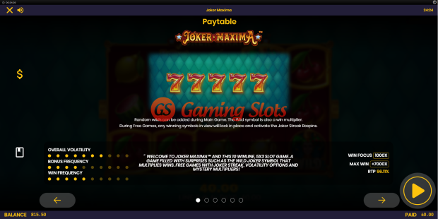 Pay Table for Joker Maxima slot from BluePrint Gaming