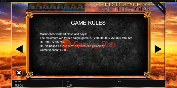 Game Rules for Journey of the Gods slot from BluePrint Gaming