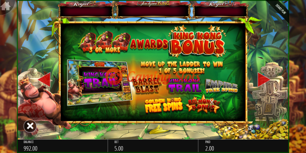 Pay Table for King Kong Cash Jackpot King slot from BluePrint Gaming