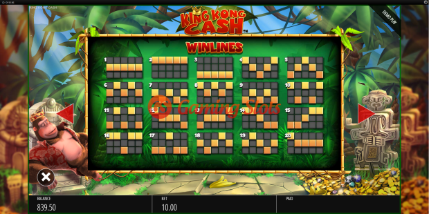 Pay Table for King Kong Cash slot from BluePrint Gaming
