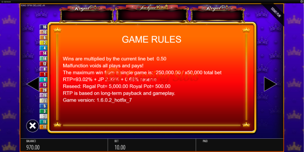 Game Rules for King Spin Deluxe slot from BluePrint Gaming