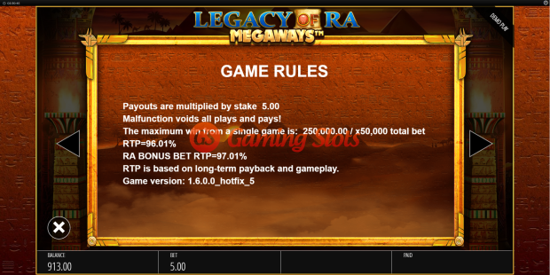 Game Rules for Legacy of Ra Megaways slot from BluePrint Gaming