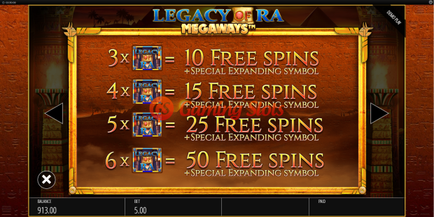 Pay Table for Legacy of Ra Megaways slot from BluePrint Gaming