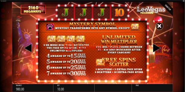 Pay Table for LeoVegas Megaways slot from BluePrint Gaming