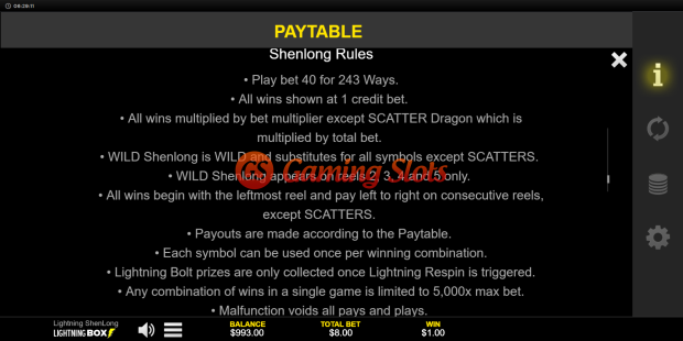 Game Rules for Lightning Shenlong slot from Lightning Box Games