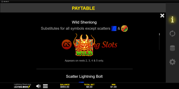 Pay Table for Lightning Shenlong slot from Lightning Box Games