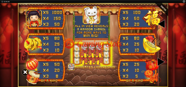 Pay Table for Lion Festival slot from BluePrint Gaming